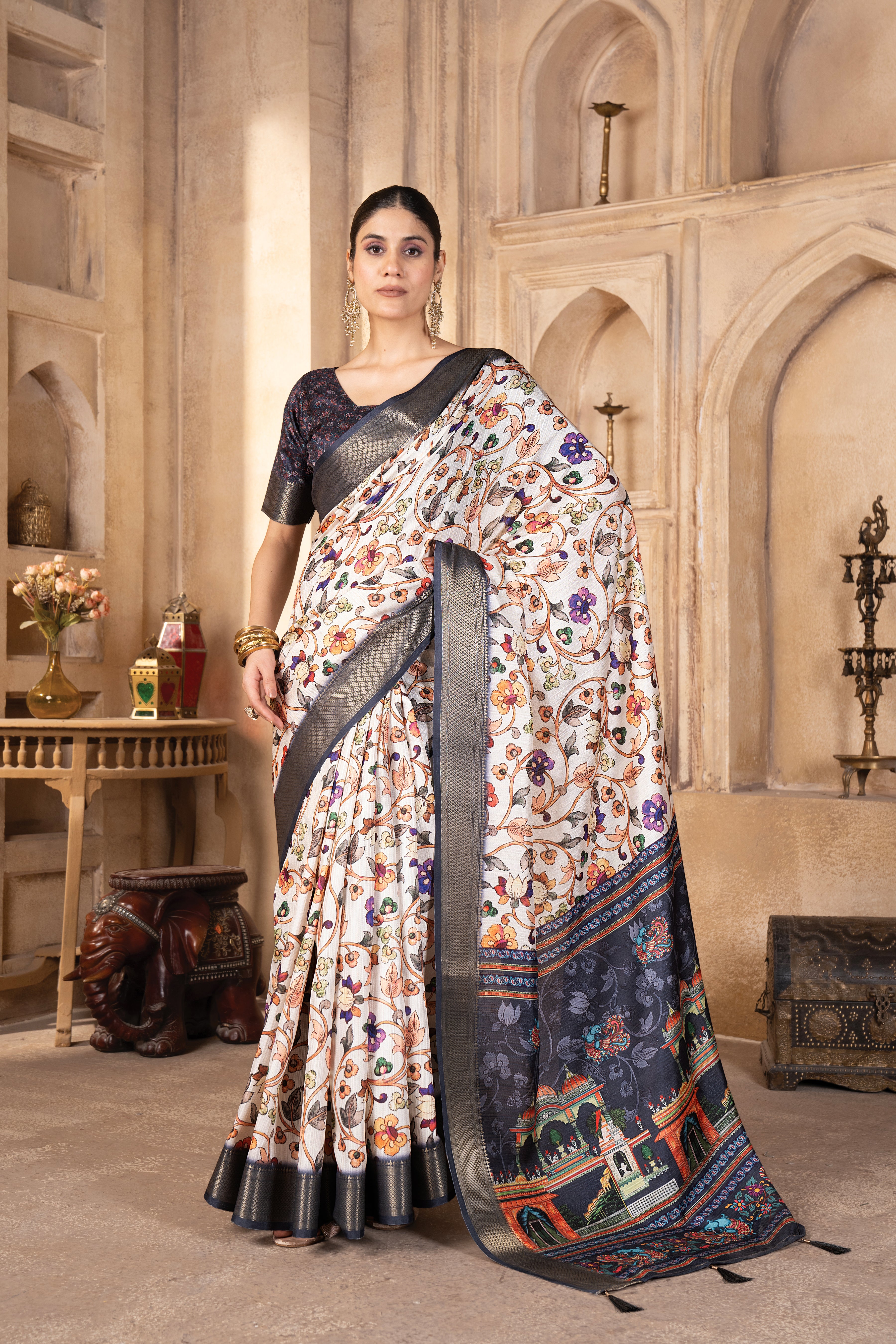 Cream Bhagalpuri Silk Pallu Kalamkari Saree